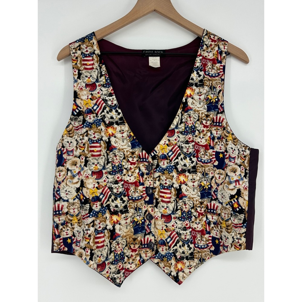 Castle Rock Vintage Vest Women's Large Cats USA American Flag Satin Button Retro